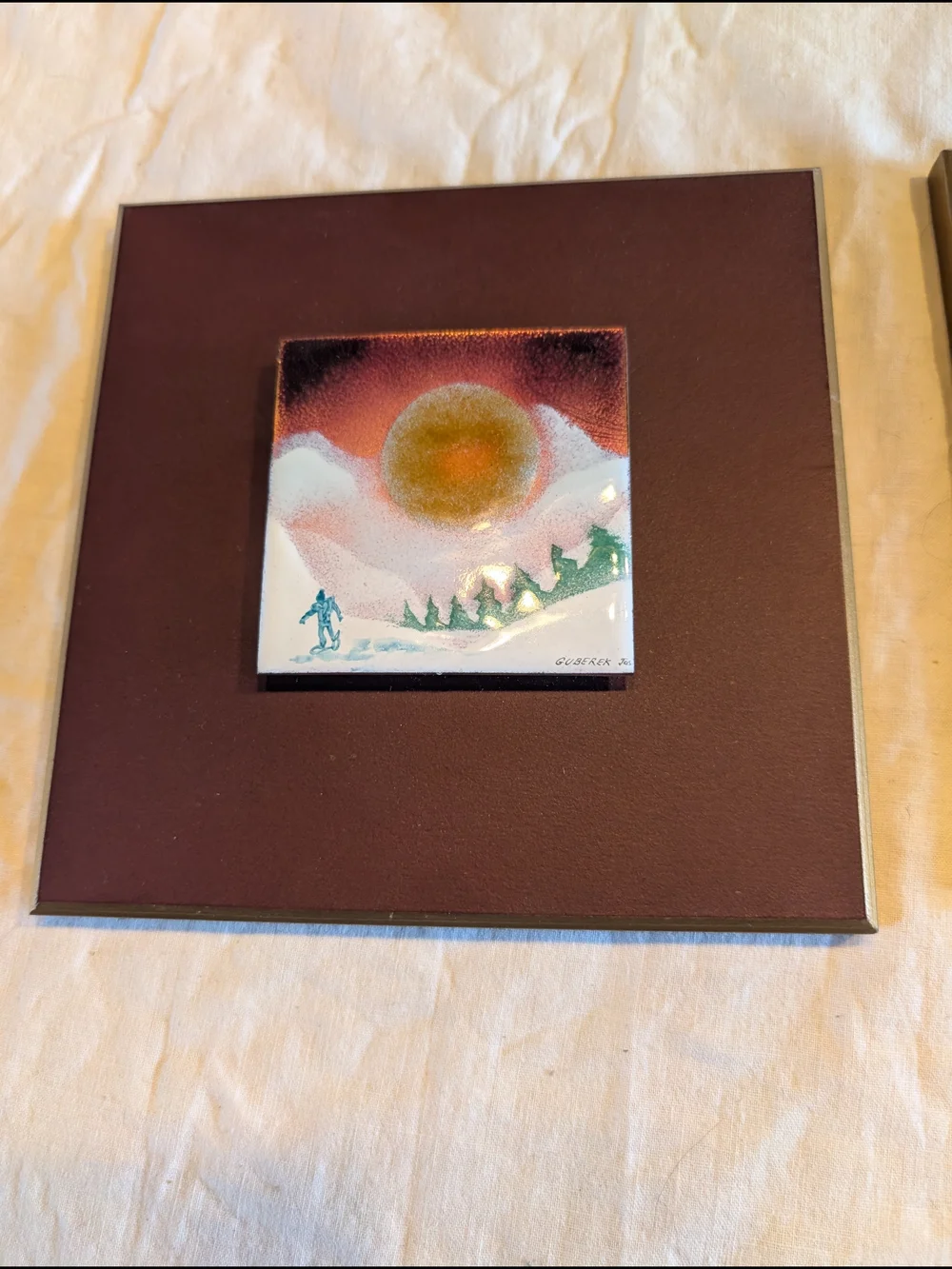 2/50$ Vintage Brown Framed Dual Mini Landscape Enamel On Copper Wall Art - Picture 2 of 6